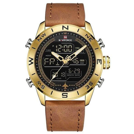 tradecastle mens NAVIFORCE 9144 Fashion Gold Men Sport Watches Mens LED Analog Digital Watch Army Military Leather Quartz Watch Relogio Masculino