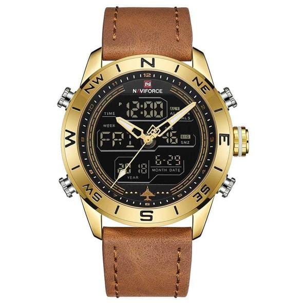 tradecastle mens NAVIFORCE 9144 Fashion Gold Men Sport Watches Mens LED Analog Digital Watch Army Military Leather Quartz Watch Relogio Masculino