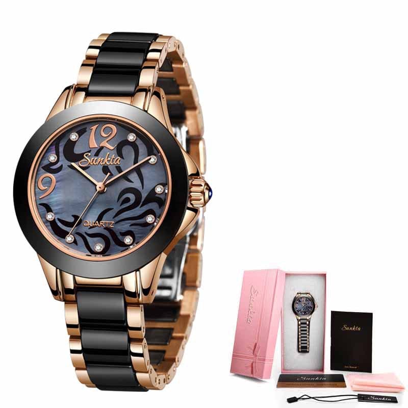 tradecastle womens Rose gold black Ceramic Ladies Watches Exquisite High-end Watches