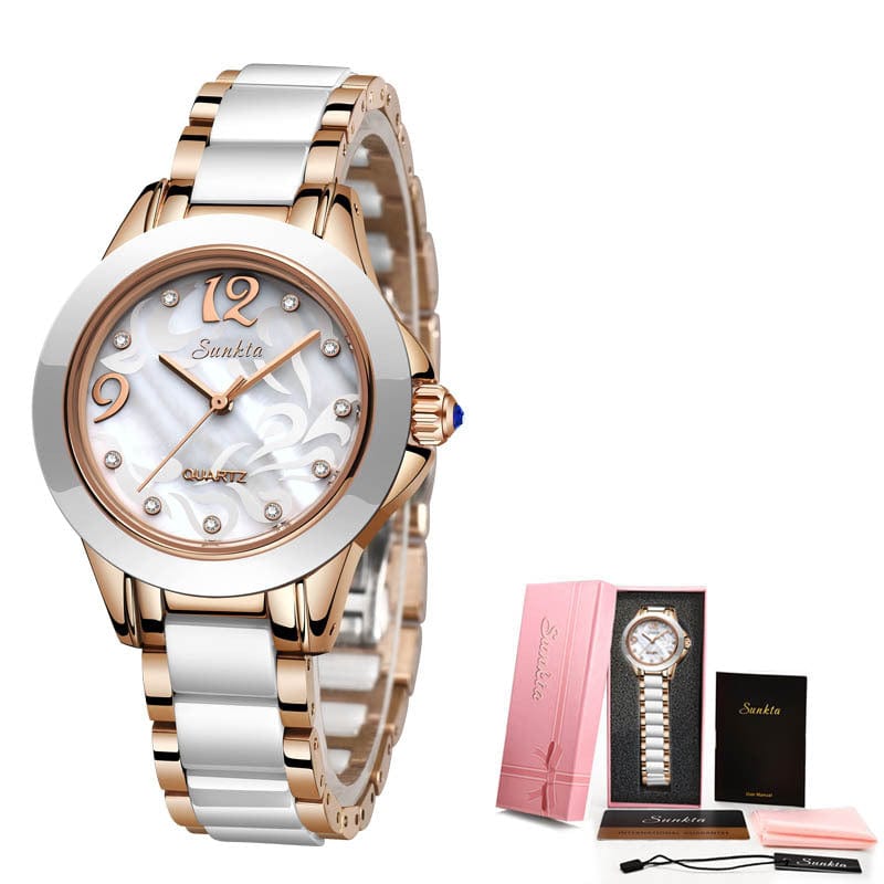 tradecastle womens Rose gold white Ceramic Ladies Watches Exquisite High-end Watches